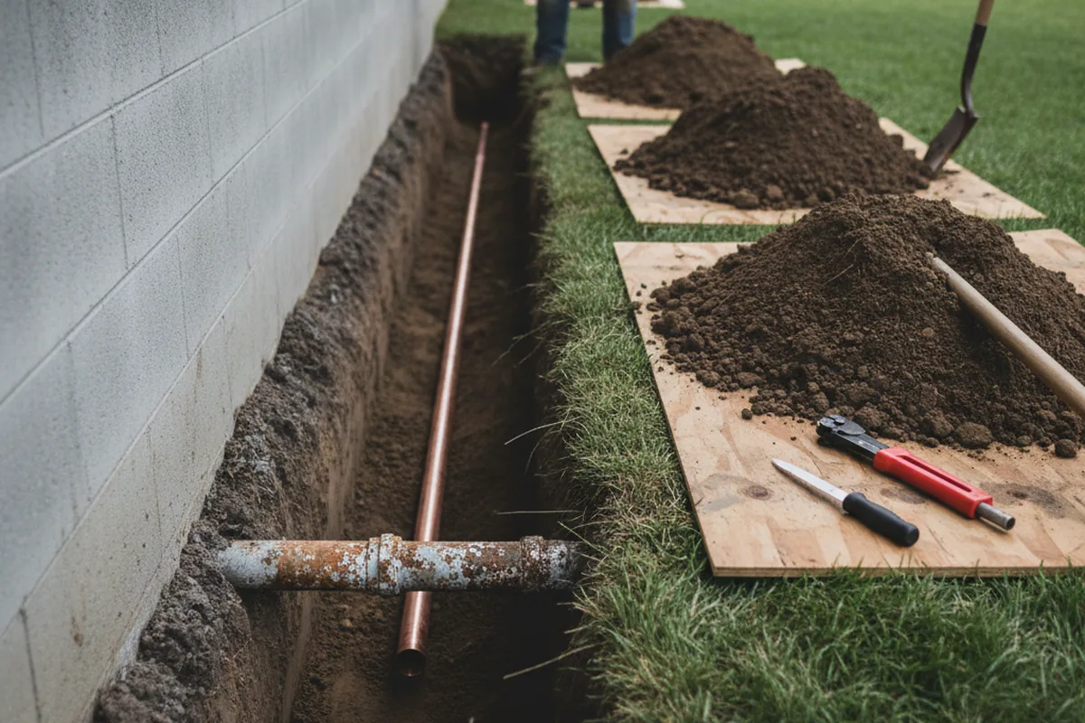 Excavated water line trench during Sewer Line Repair in Nemo